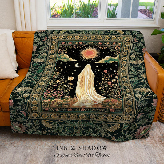 Verdant Sunlit Ghost Cozy Blanket | Floral Cottagecore Halloween Decor Woven Forest Ghost Tapestry Whimsigoth Gothic Throw Art Botanical |