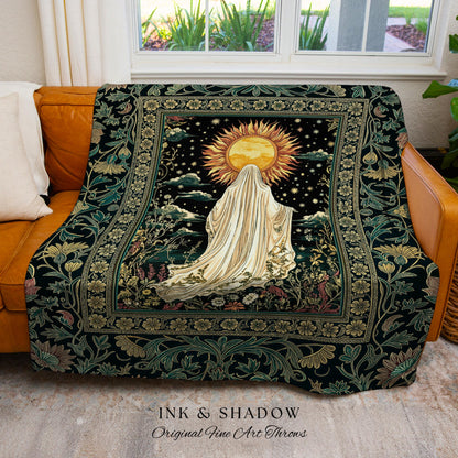 Autumn Harvest Spirit Ghost Blanket | Cottagecore Halloween Floral Woven Throw Tapestry Whimsigoth Gothic Home Decor Botanical Cozy Witchy