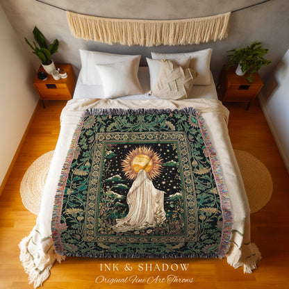 Autumn Harvest Spirit Ghost Blanket | Cottagecore Halloween Floral Woven Throw Tapestry Whimsigoth Gothic Home Decor Botanical Cozy Witchy