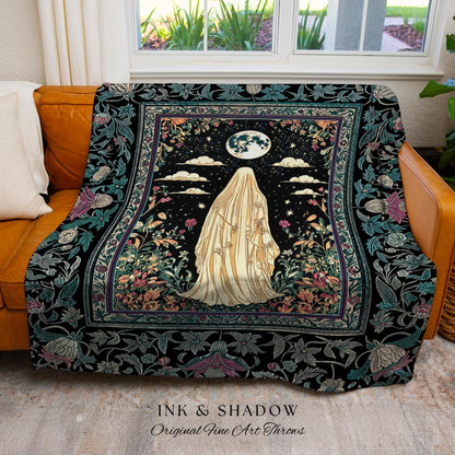 Moonlit Garden Ghost Woven Throw | Celestial Halloween Floral Tapestry Blanket Whimsigoth Cottagecore Spirit Botanical Season of the Witch |