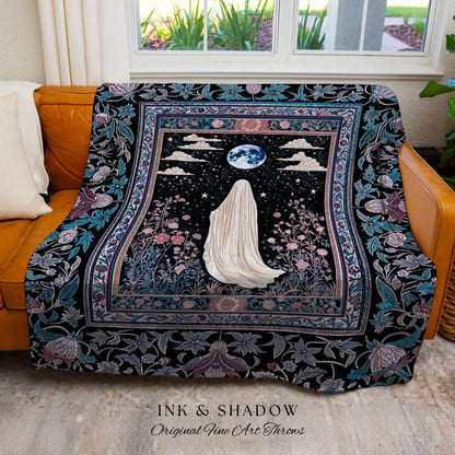 Moody Midnight Ghost Wall Tapestry | Gothic Woven Blanket Harvest Moon Spirit Whimsigoth Halloween Cottagecore Cozy Decor Botanical Witchy |