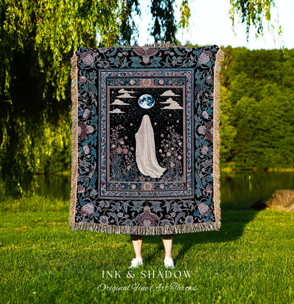 Moody Midnight Ghost Wall Tapestry | Gothic Woven Blanket Harvest Moon Spirit Whimsigoth Halloween Cottagecore Cozy Decor Botanical Witchy |