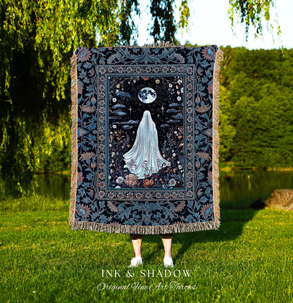 Blue Moon Garden Ghost Blanket | Whimsigoth Pastel Floral Throw Halloween Decor Cottagecore Spirit Tapestry Botanical Season Witchy Style |