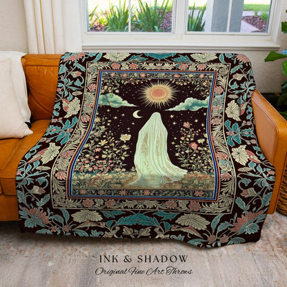Earth Spirit Mystic Floral Ghost Throw | Cottagecore Blanket Tapestry Whimsigoth Decor Sunlit Pastel Accent Botanical Season Witchy Vintage