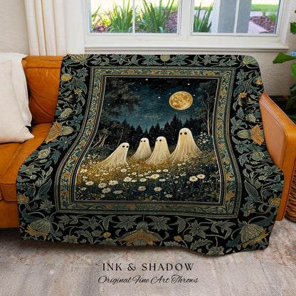 Mystic Full Moon Ghost Family Tapestry | Floral Halloween Woven Blanket Whimsigoth Gothic Mysticism Witchy Maximalist Throw Spooky Decor |