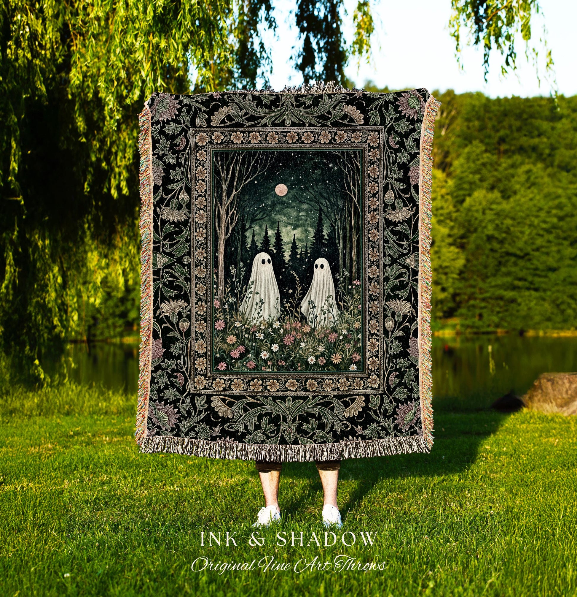 Gothic Sage Green Ghosts Blanket | Woven Tapestry Woodland Spirits Decor Whimsigoth Gothic Halloween Style Cottagecore Floral Mystic Throw |
