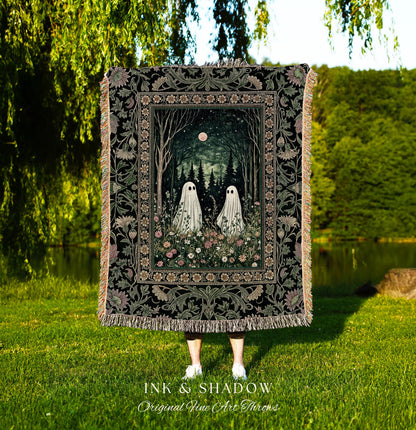 Gothic Sage Green Ghosts Blanket | Woven Tapestry Woodland Spirits Decor Whimsigoth Gothic Halloween Style Cottagecore Floral Mystic Throw |