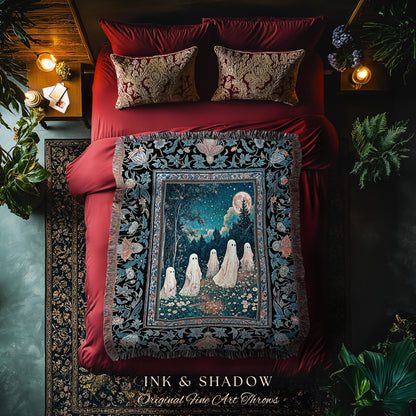 Dark Forest Spirits Ethereal Blanket | Whimsigothic Woven Tapestry Halloween Decor Floral Gothic Maximalist Mystic Cottagecore Home Accent |
