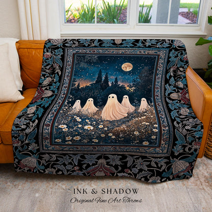 Midnight Gathering Mystical Ghost Blanket | Gothic Halloween Tapestry Whimsigoth Floral Dark Cottagecore Maximalist Mystic Decor Full Moon