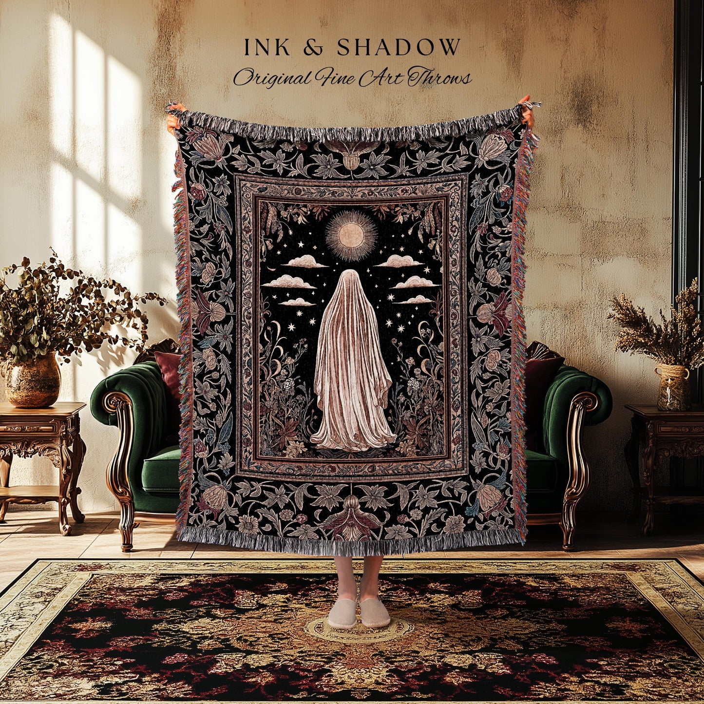 Celestial Garden Spirit Woven Throw | Bohemian Halloween Whimsigothic Wall Tapestry Ghost Blanket Ornate Gothic Rustic Halloween Home Decor