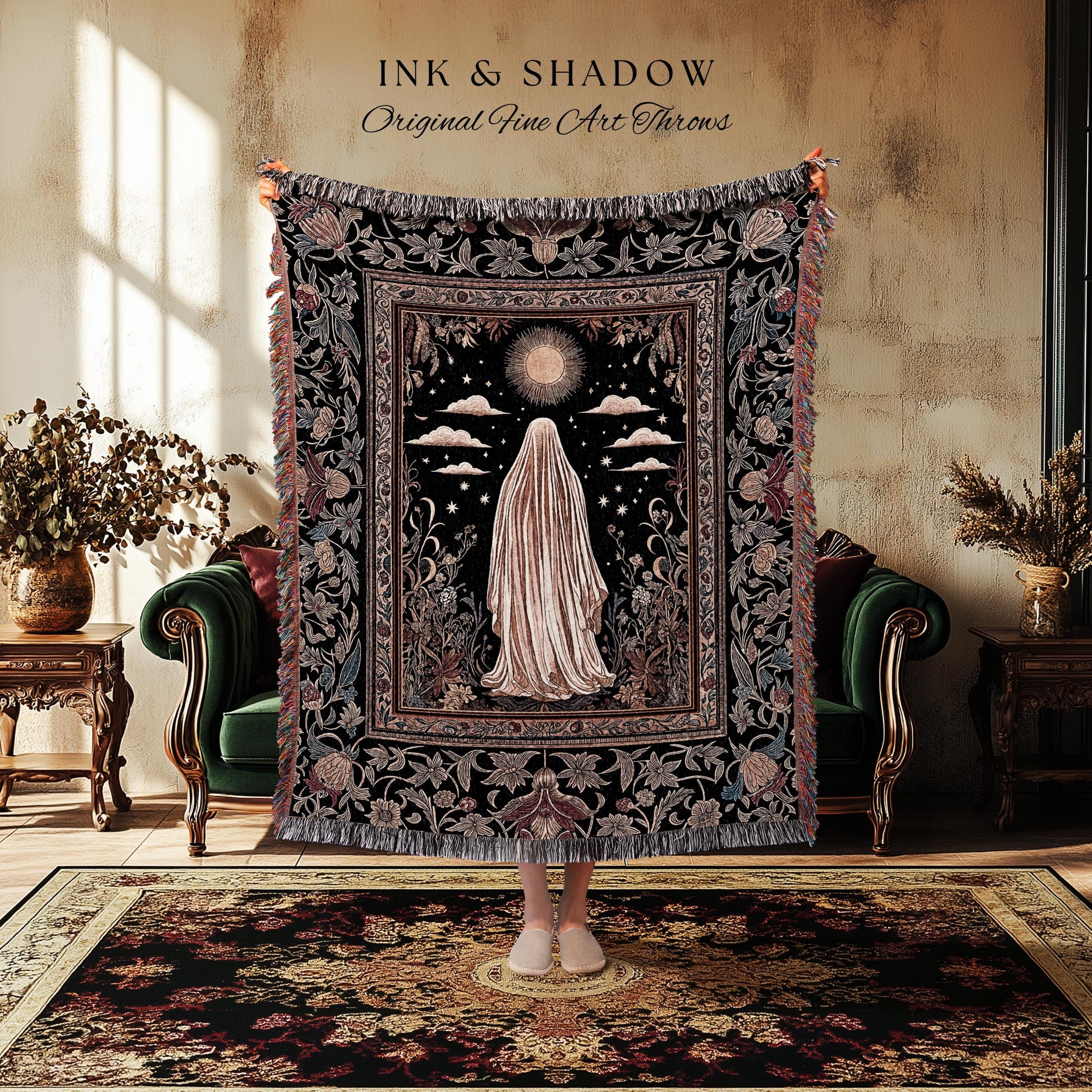 Celestial Garden Spirit Woven Throw | Bohemian Halloween Whimsigothic Wall Tapestry Ghost Blanket Ornate Gothic Rustic Halloween Home Decor