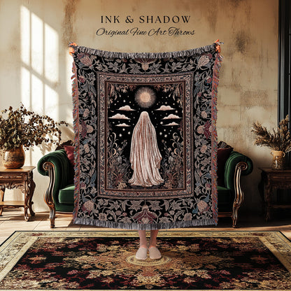 Celestial Garden Spirit Woven Throw | Bohemian Halloween Whimsigothic Wall Tapestry Ghost Blanket Ornate Gothic Rustic Halloween Home Decor
