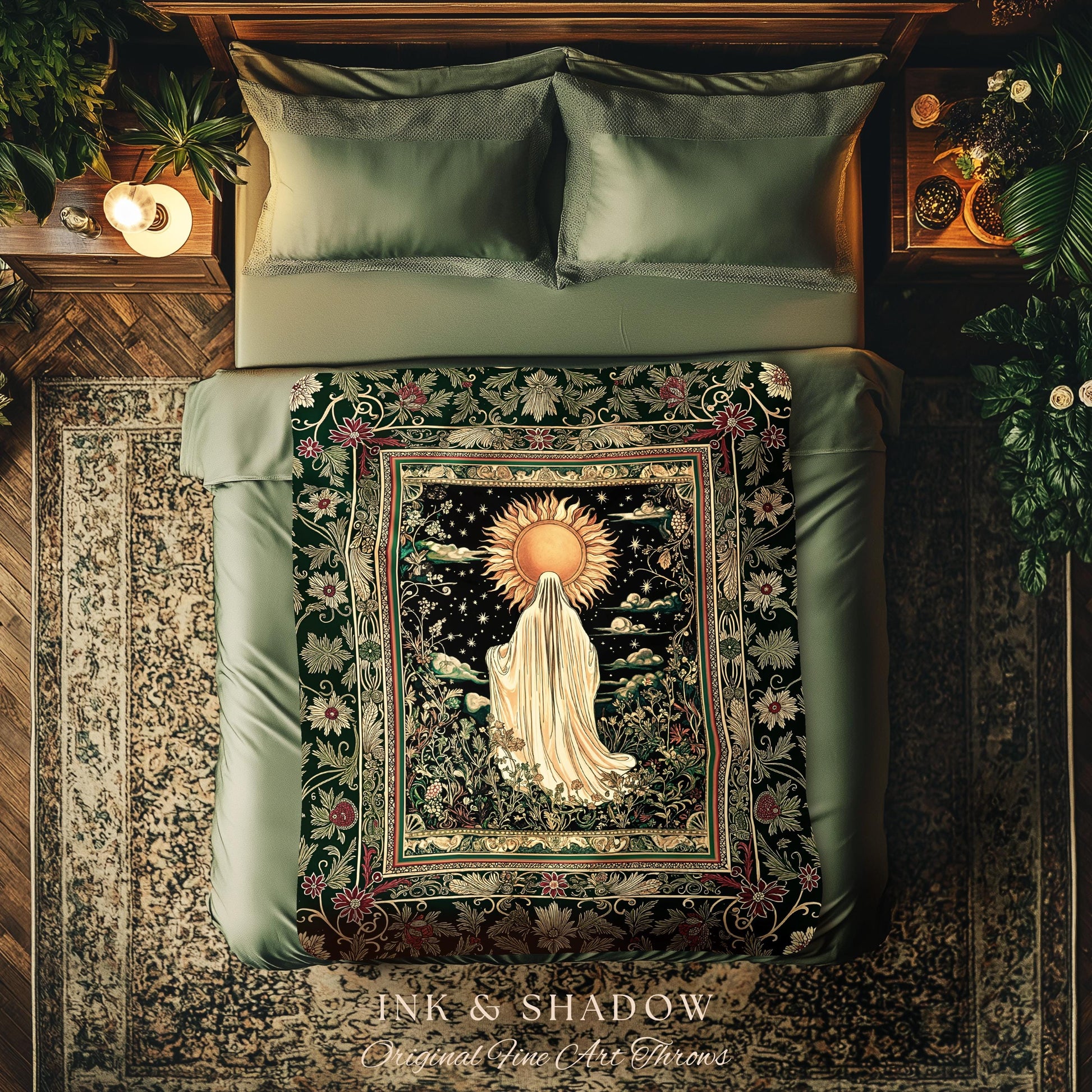 Botanical Meadow Ghost Blanket | Baroque Floral Cottagecore Woven Throw Halloween Tapestry Whimsigoth Decor Gothic Accent Tarot Aesthetic |