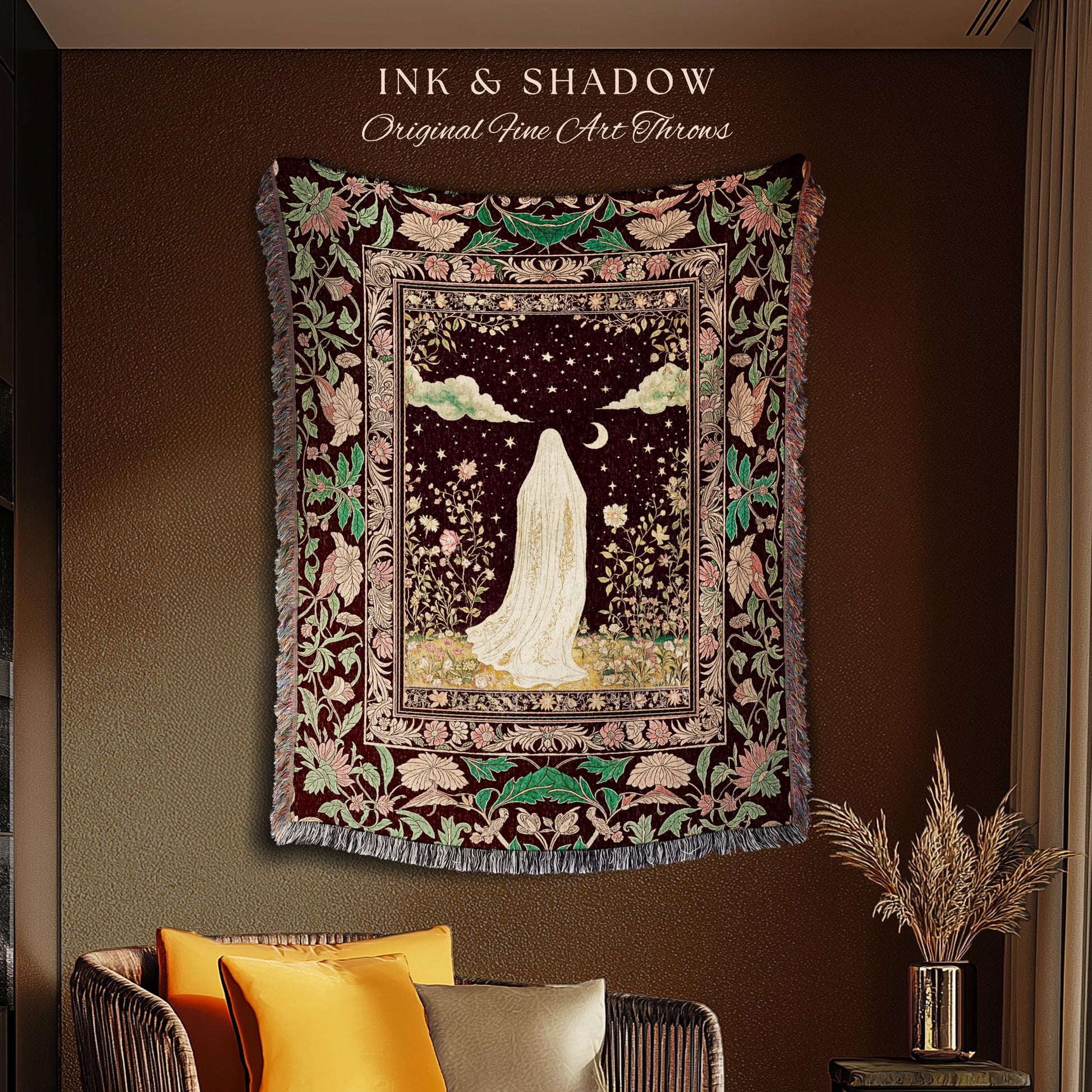 Celestial Nightfall Mystic Ghost Tapestry | Ethereal Witchy Cottagecore Blanket Woven Whimsigoth Gothic Decor Botanical Vintage Aesthetic |