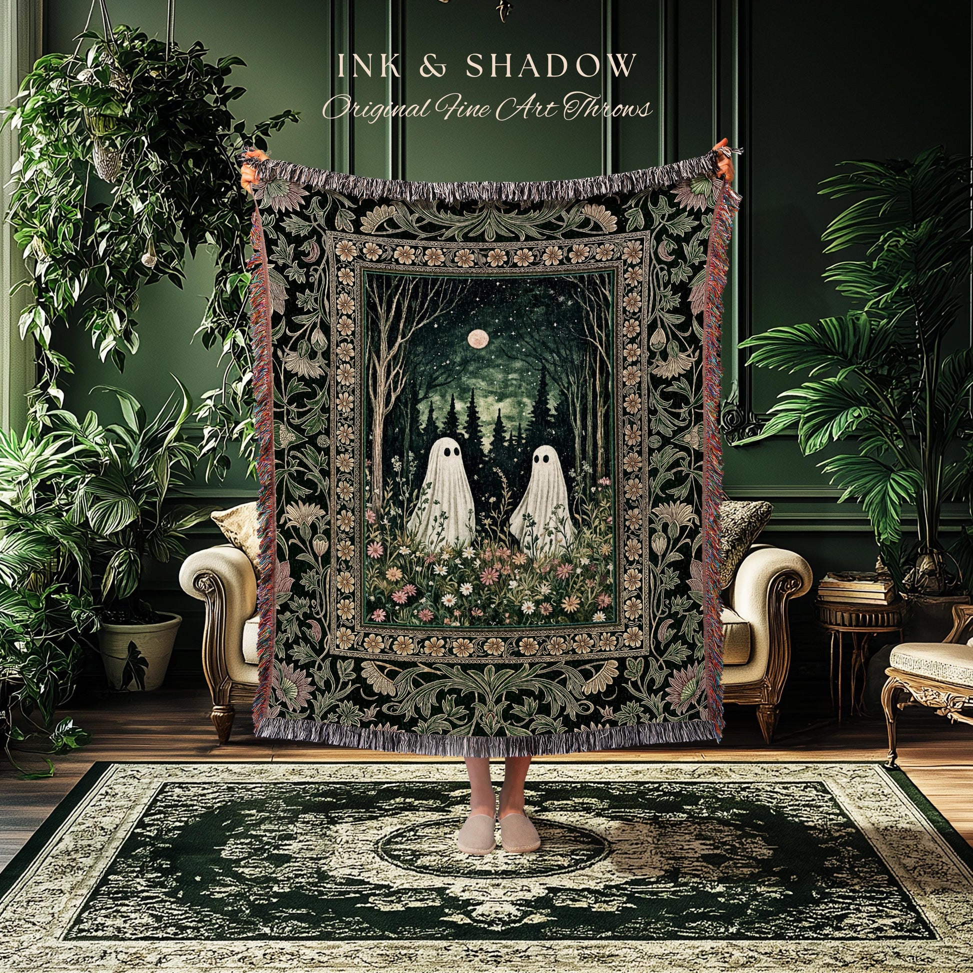 Gothic Sage Green Ghosts Blanket | Woven Tapestry Woodland Spirits Decor Whimsigoth Gothic Halloween Style Cottagecore Floral Mystic Throw |
