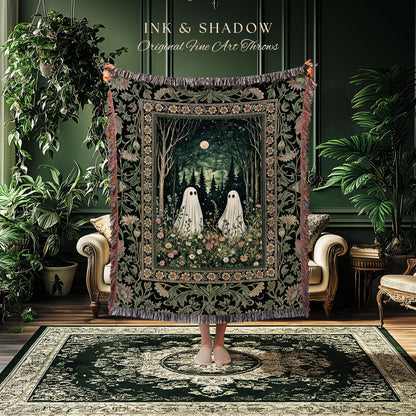 Gothic Sage Green Ghosts Blanket | Woven Tapestry Woodland Spirits Decor Whimsigoth Gothic Halloween Style Cottagecore Floral Mystic Throw |