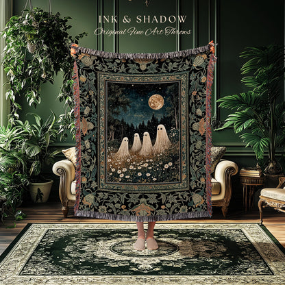 Mystic Full Moon Ghost Family Tapestry | Floral Halloween Woven Blanket Whimsigoth Gothic Mysticism Witchy Maximalist Throw Spooky Decor |