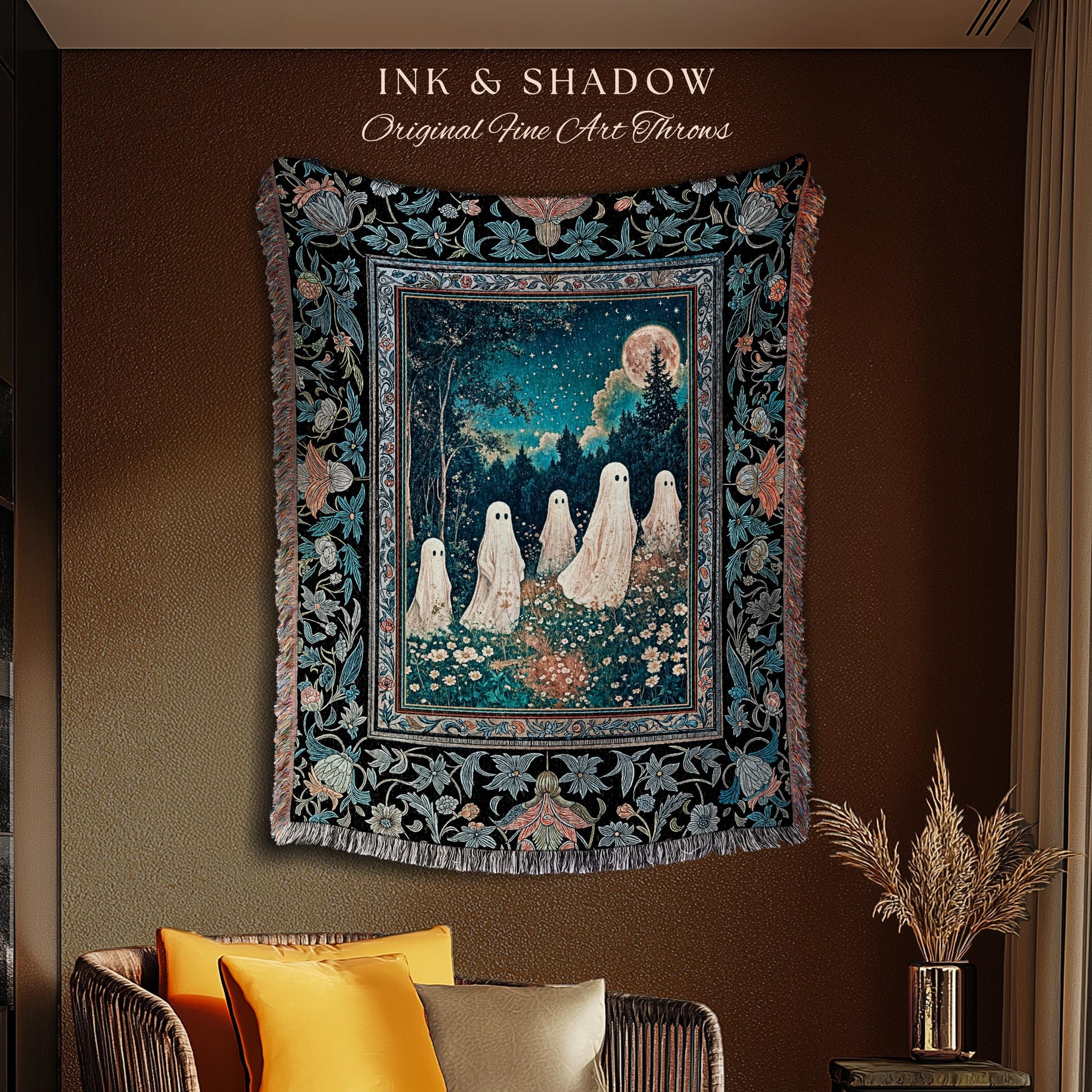 Dark Forest Spirits Ethereal Blanket | Whimsigothic Woven Tapestry Halloween Decor Floral Gothic Maximalist Mystic Cottagecore Home Accent |