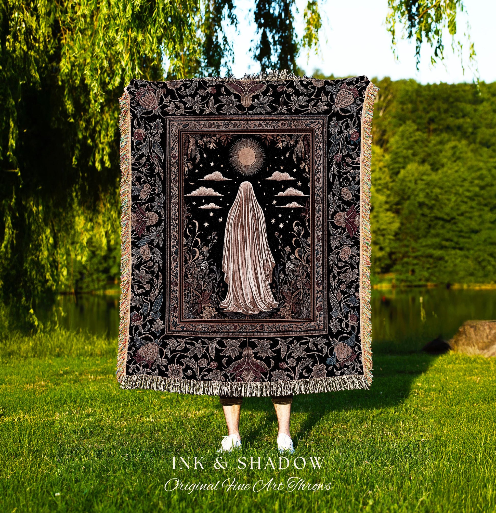 Celestial Garden Spirit Woven Throw | Bohemian Halloween Whimsigothic Wall Tapestry Ghost Blanket Ornate Gothic Rustic Halloween Home Decor