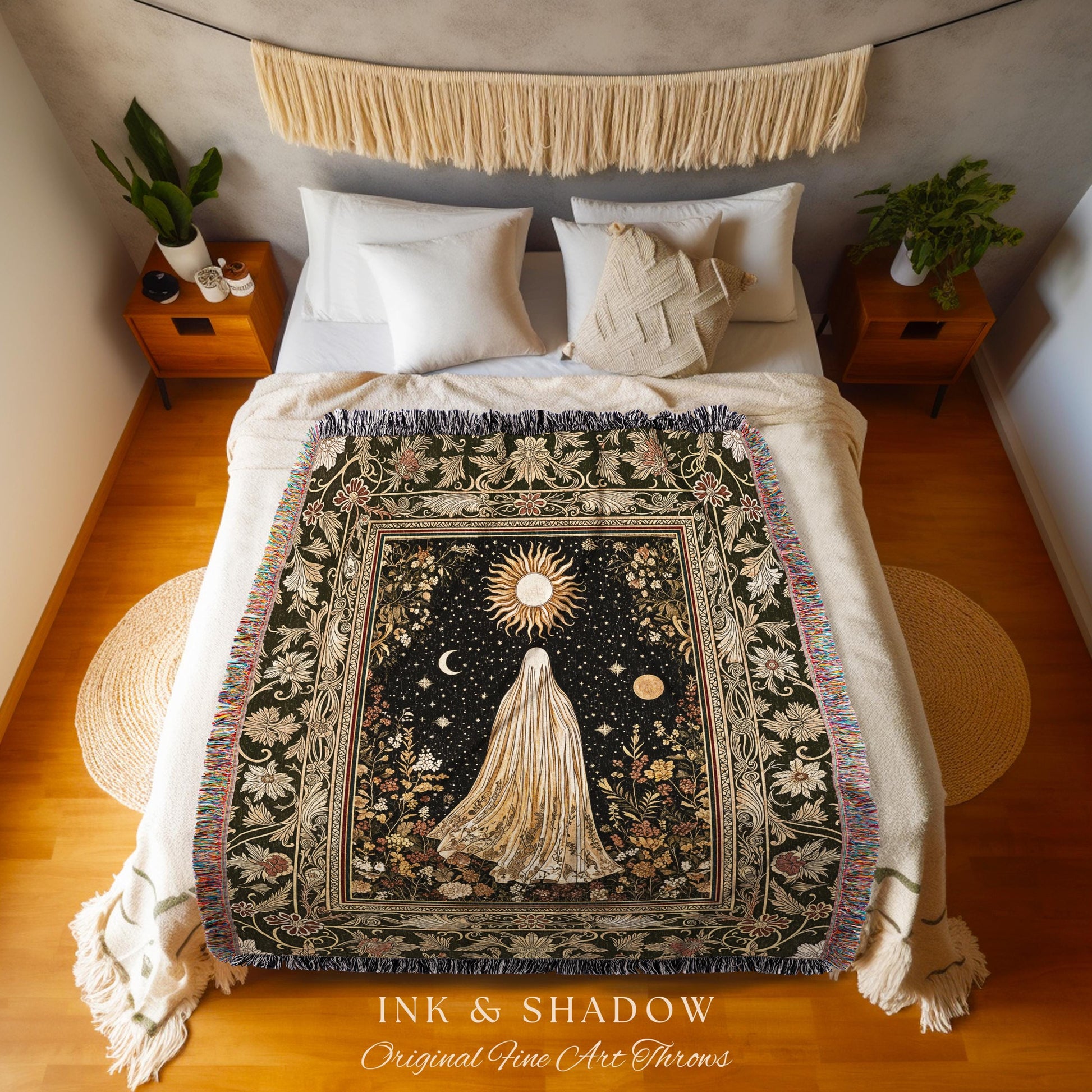 Sun Moon Spirit Ghost Blanket | Floral Halloween Throw Whimsigoth Decor Cottagecore Tapestry Gothic Home Accent Woven Season Botanical Cozy