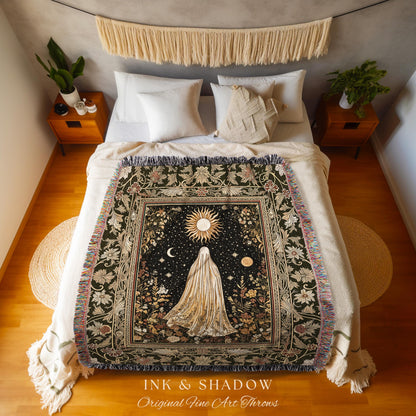 Sun Moon Spirit Ghost Blanket | Floral Halloween Throw Whimsigoth Decor Cottagecore Tapestry Gothic Home Accent Woven Season Botanical Cozy