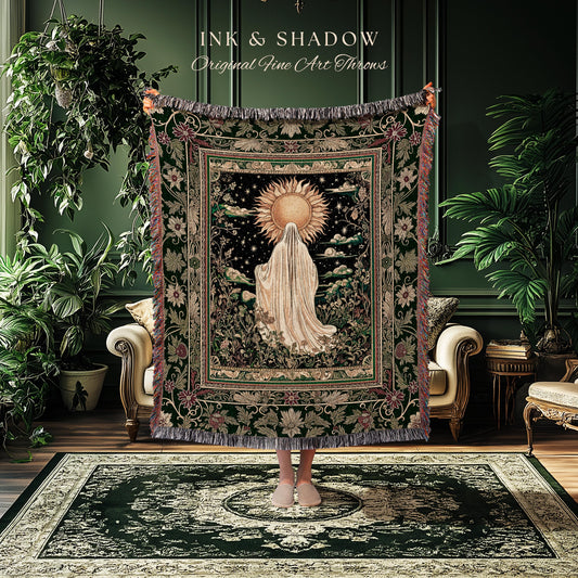 Botanical Meadow Ghost Blanket | Baroque Floral Cottagecore Woven Throw Halloween Tapestry Whimsigoth Decor Gothic Accent Tarot Aesthetic |