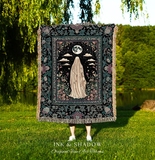 Moonlit Garden Ghost Woven Throw | Celestial Halloween Floral Tapestry Blanket Whimsigoth Cottagecore Spirit Botanical Season of the Witch |
