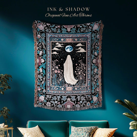 Moody Midnight Ghost Wall Tapestry | Gothic Woven Blanket Harvest Moon Spirit Whimsigoth Halloween Cottagecore Cozy Decor Botanical Witchy |