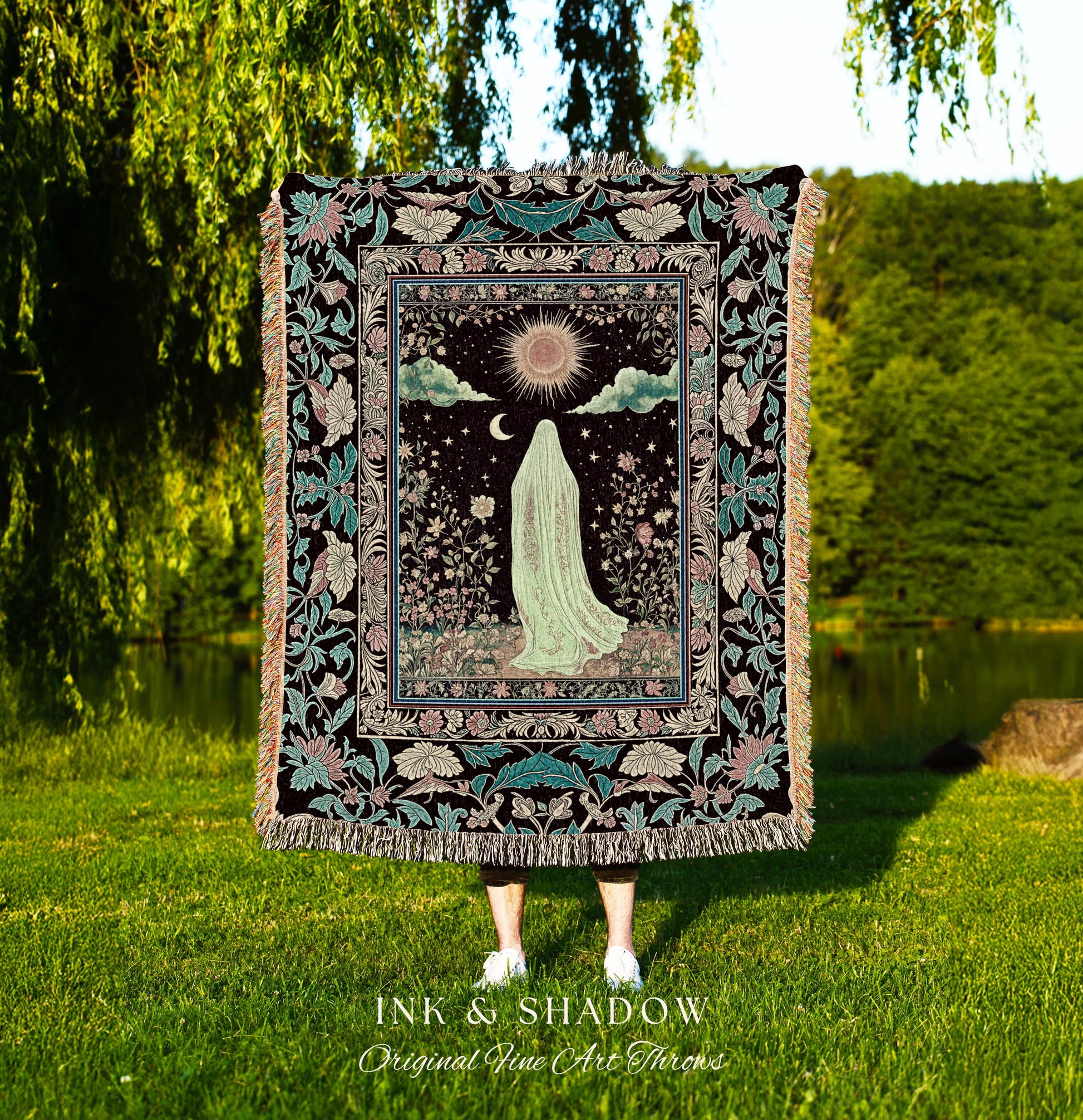 Earth Spirit Mystic Floral Ghost Throw | Cottagecore Blanket Tapestry Whimsigoth Decor Sunlit Pastel Accent Botanical Season Witchy Vintage