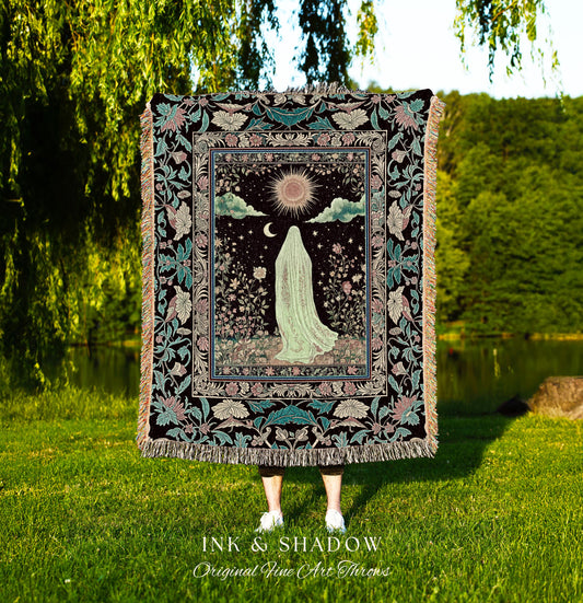Earth Spirit Mystic Floral Ghost Throw | Cottagecore Blanket Tapestry Whimsigoth Decor Sunlit Pastel Accent Botanical Season Witchy Vintage
