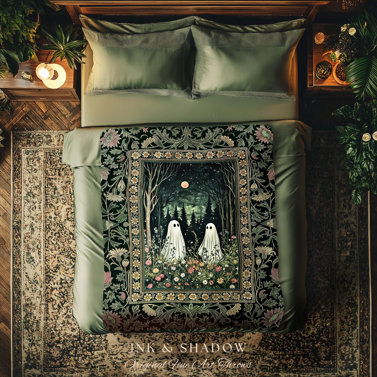 Gothic Sage Green Ghosts Blanket | Woven Tapestry Woodland Spirits Decor Whimsigoth Gothic Halloween Style Cottagecore Floral Mystic Throw |