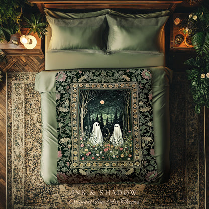 Gothic Sage Green Ghosts Blanket | Woven Tapestry Woodland Spirits Decor Whimsigoth Gothic Halloween Style Cottagecore Floral Mystic Throw |