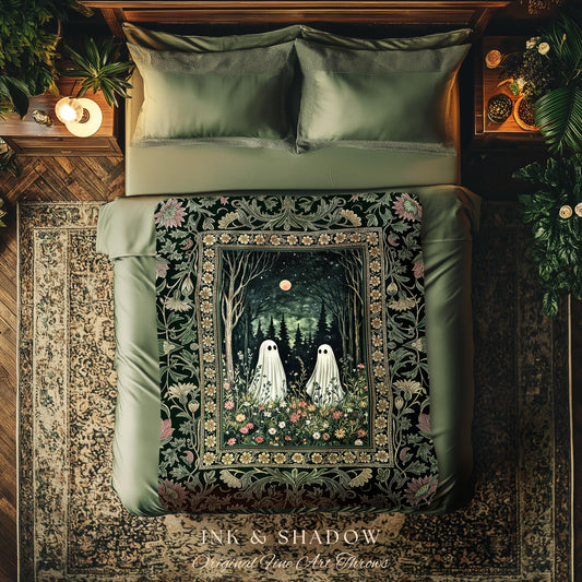 Gothic Sage Green Ghosts Blanket | Woven Tapestry Woodland Spirits Decor Whimsigoth Gothic Halloween Style Cottagecore Floral Mystic Throw |