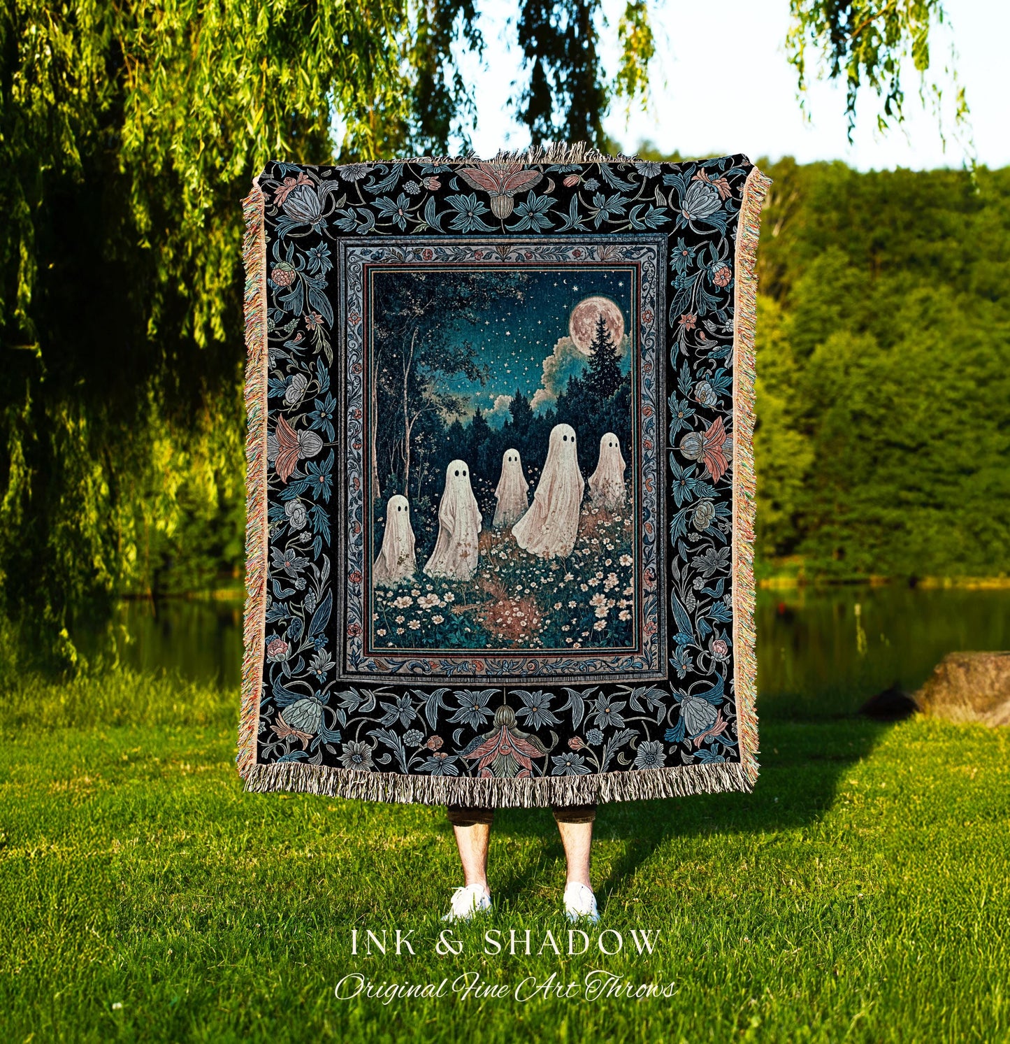 Dark Forest Spirits Ethereal Blanket | Whimsigothic Woven Tapestry Halloween Decor Floral Gothic Maximalist Mystic Cottagecore Home Accent |