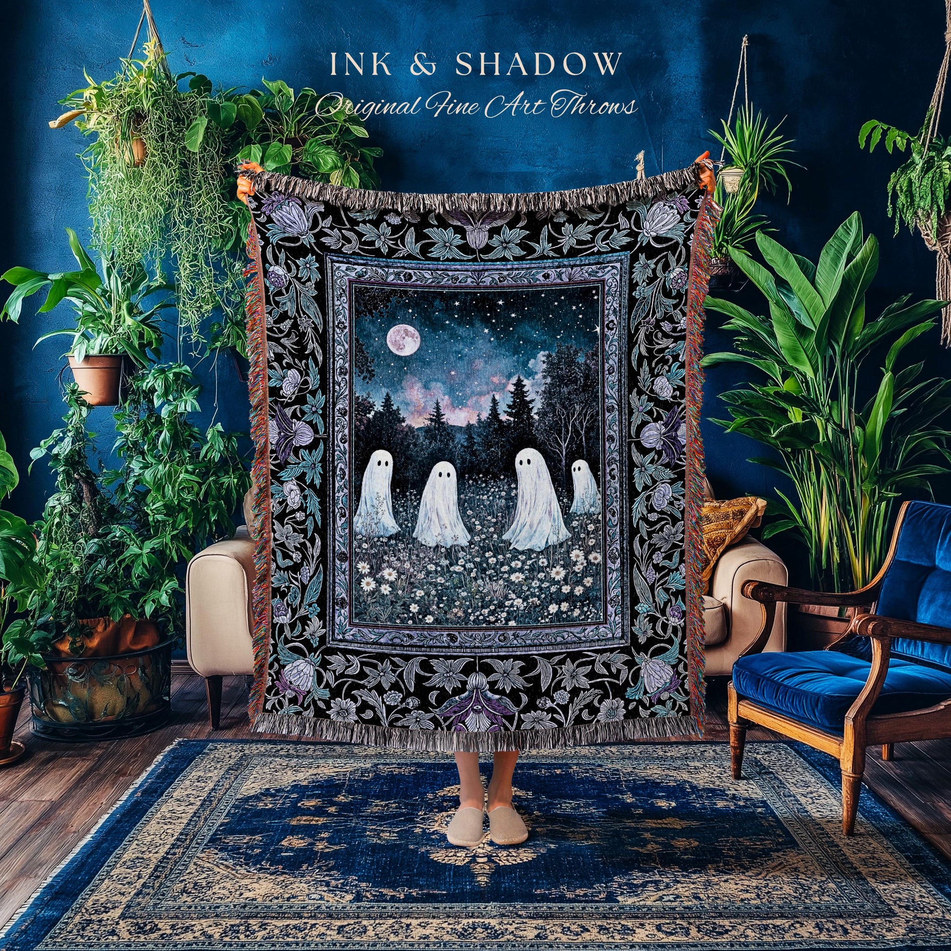Starry Sky Violet Meadow Ghost Blanket | Halloween Gothic Tapestry Whimsigoth Cottagecore Floral Maximalist Moody Mysticism Bedroom Decor |