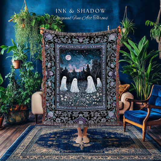 Starry Sky Violet Meadow Ghost Blanket | Halloween Gothic Tapestry Whimsigoth Cottagecore Floral Maximalist Moody Mysticism Bedroom Decor |