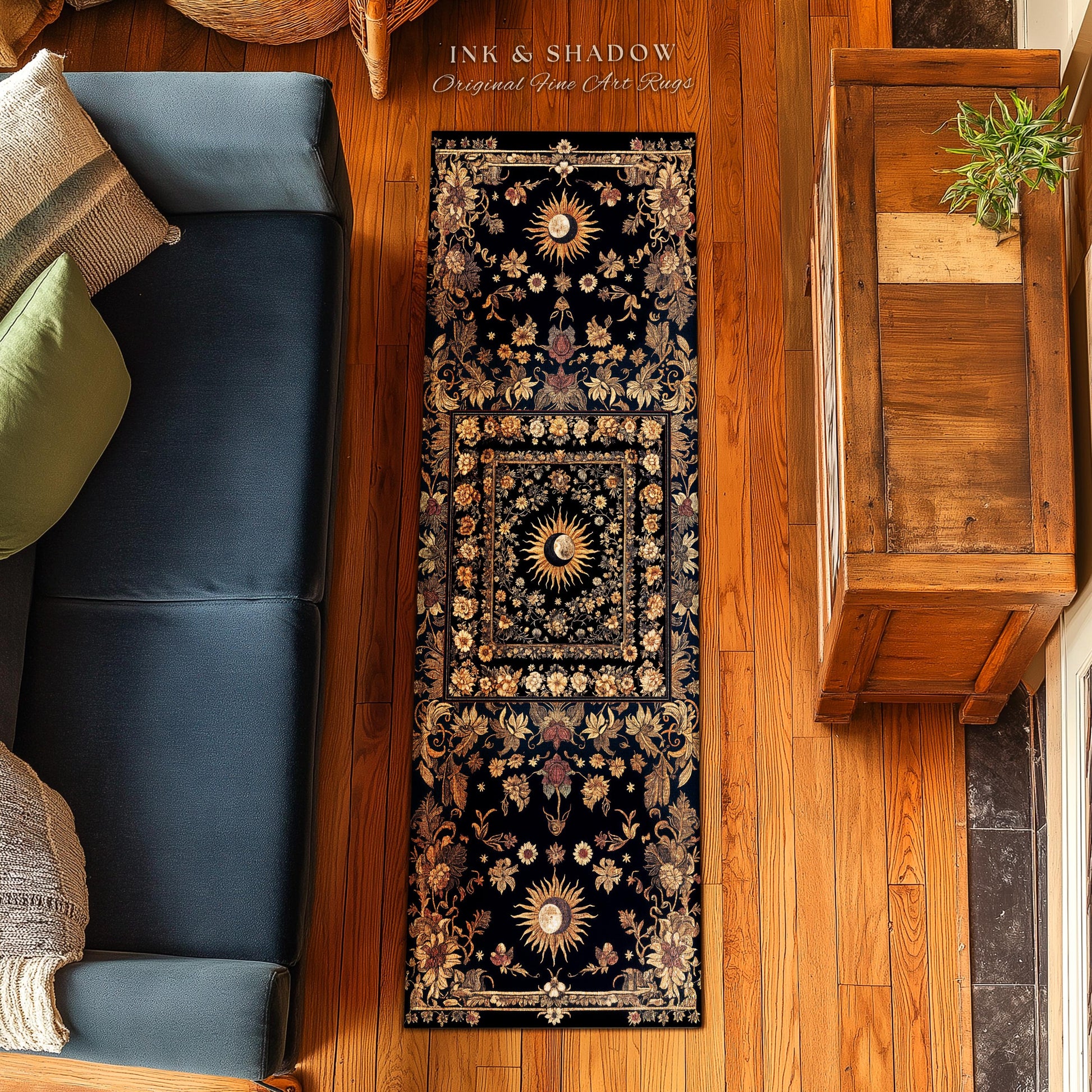 Cosmic Elegance Celestial Area Rug | Dark Cottagecore Moon and Sun Ethereal Divine Aesthetic Witchy Bohemian Eclectic Spiritual Bedroom Rug