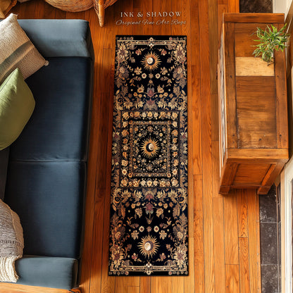 Cosmic Elegance Celestial Area Rug | Dark Cottagecore Moon and Sun Ethereal Divine Aesthetic Witchy Bohemian Eclectic Spiritual Bedroom Rug
