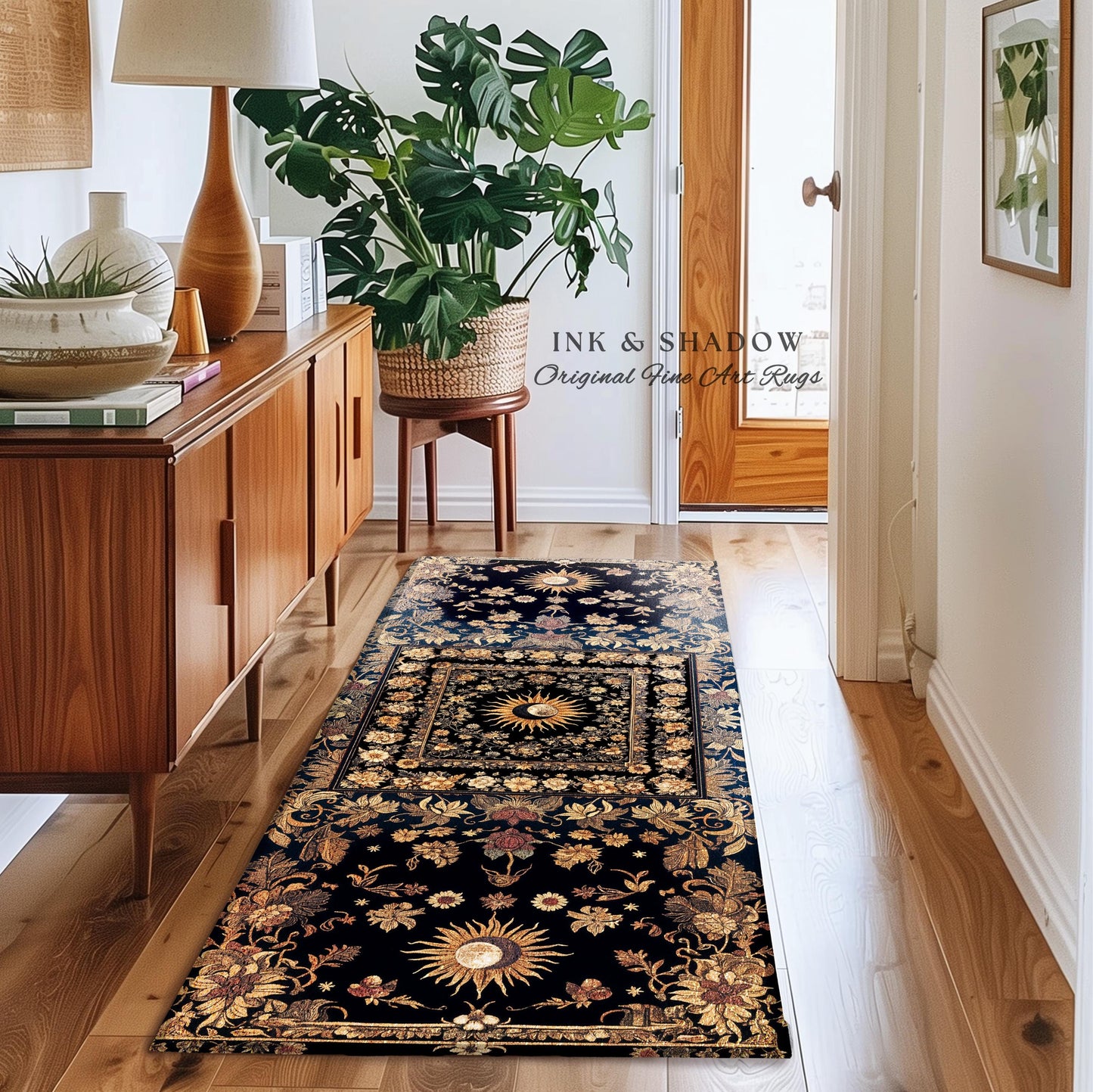 Cosmic Elegance Celestial Area Rug | Dark Cottagecore Moon and Sun Ethereal Divine Aesthetic Witchy Bohemian Eclectic Spiritual Bedroom Rug