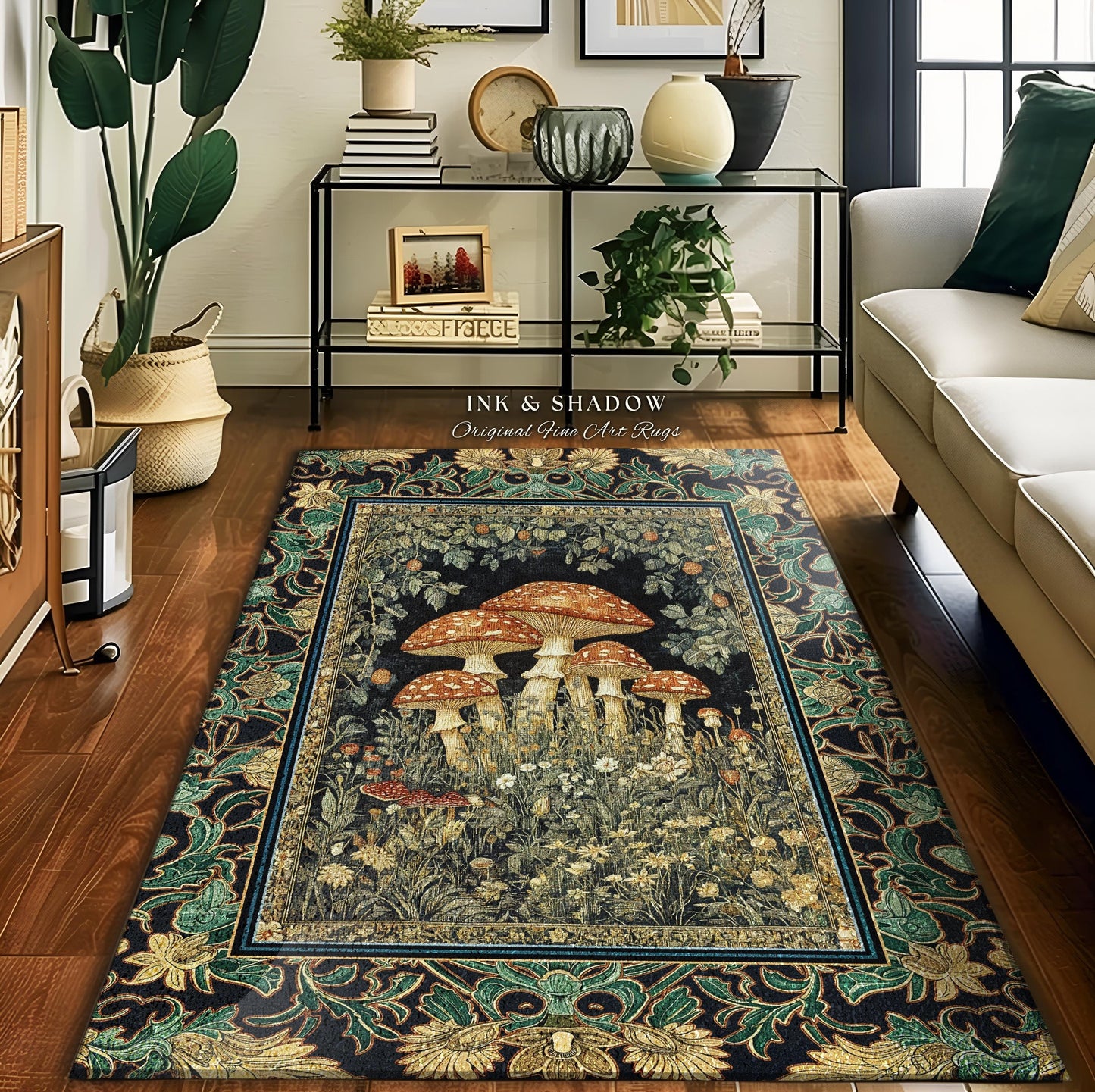 May include: A dark green and gold rug with a black center featuring a tapestry style design of mushrooms in a forest setting. The rug has a border with a floral design. The text &#39;INK & SHADOW Original Fine Art Rugs&#39; is displayed at the top of the rug.