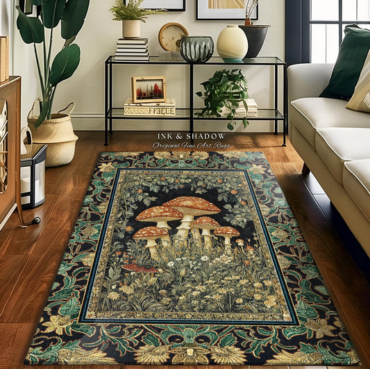 May include: A dark green and gold rug with a black center featuring a tapestry style design of mushrooms in a forest setting. The rug has a border with a floral design. The text &#39;INK & SHADOW Original Fine Art Rugs&#39; is displayed at the top of the rug.