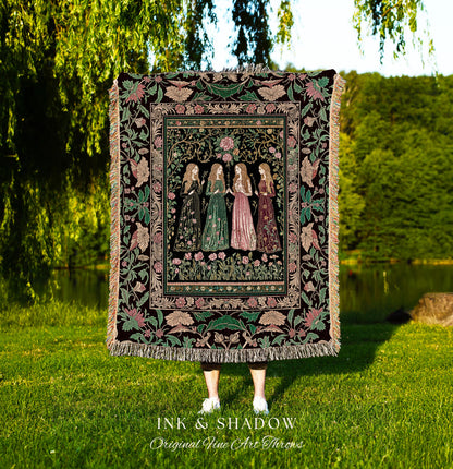 Renaissance Witch Coven Throw Blanket | Whimsical Folklore Enchanted Floral Woven Wall Tapestry Spellbound Gothic Art Mystic Fairytale Decor