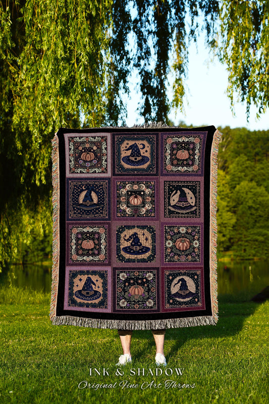 May include: A woven throw blanket with a purple and black background. The blanket has a repeating pattern of witch hats, pumpkins, and stars. The blanket is fringed on all sides. The text &#39;INK & SHADOW Original Fine Art Throws&#39; is printed at the bottom of the blanket.