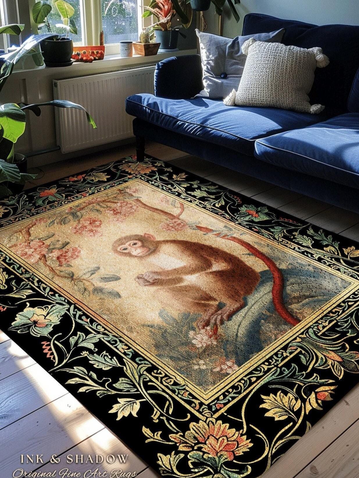 Woodland Gothic Floral Round Monkey Rug Morris Monkey | Vintage Cottagecore Aesthetic Dark Fairycore Bedroom Art Victorian Decorative Rug