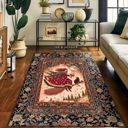 Mystical Black Cat Witch Area Rug | Fairytale Decor Gothic Cottagecore Broomstick Halloween Whimsy Gothic Maximalist Aesthetic Accent Rustic