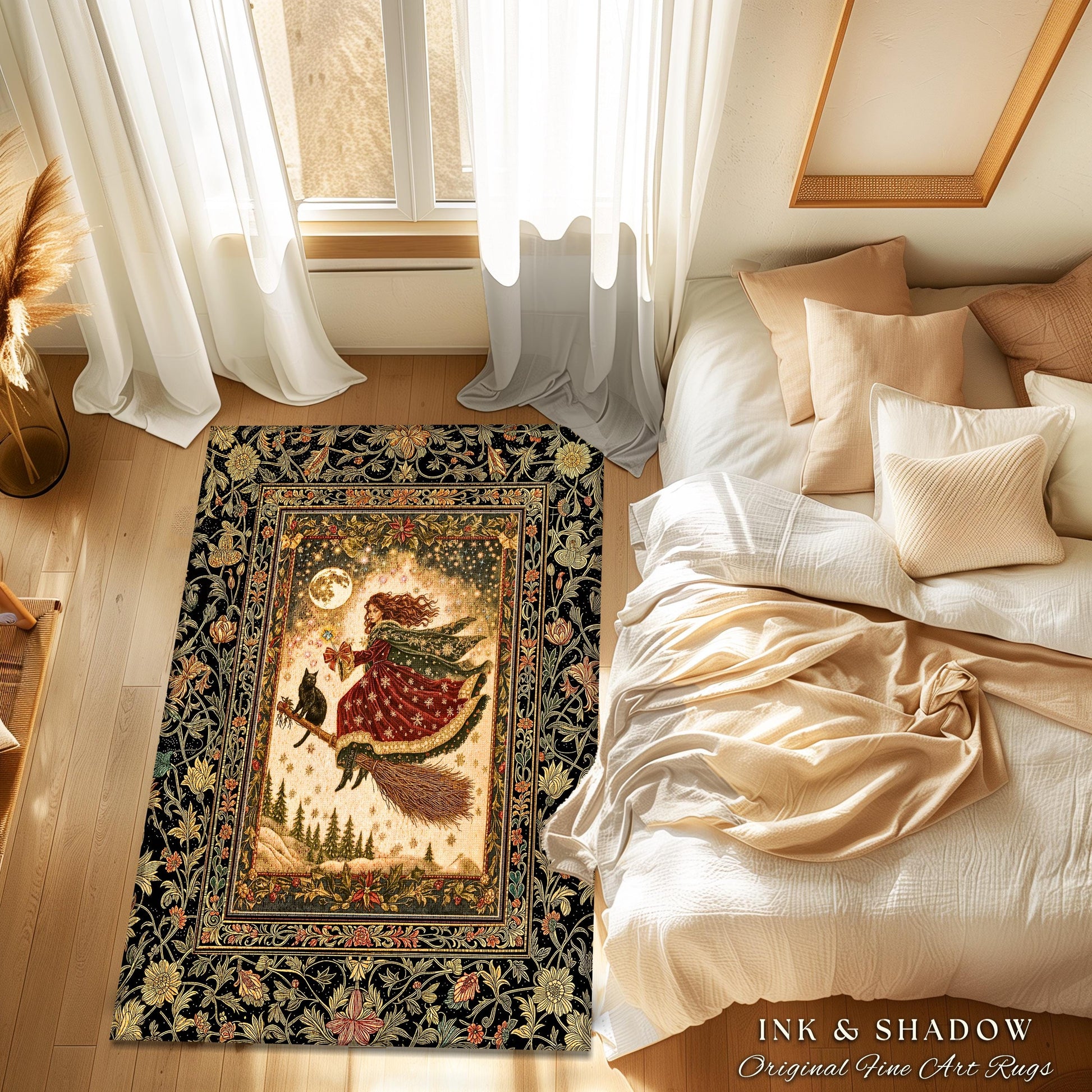 Whimsical Witchy Broomstick Accent Rug | Fairytale Gothic Decor Mystic Black Cat Celestial Moon Bedroom Botanical Dark Academia Cottagecore