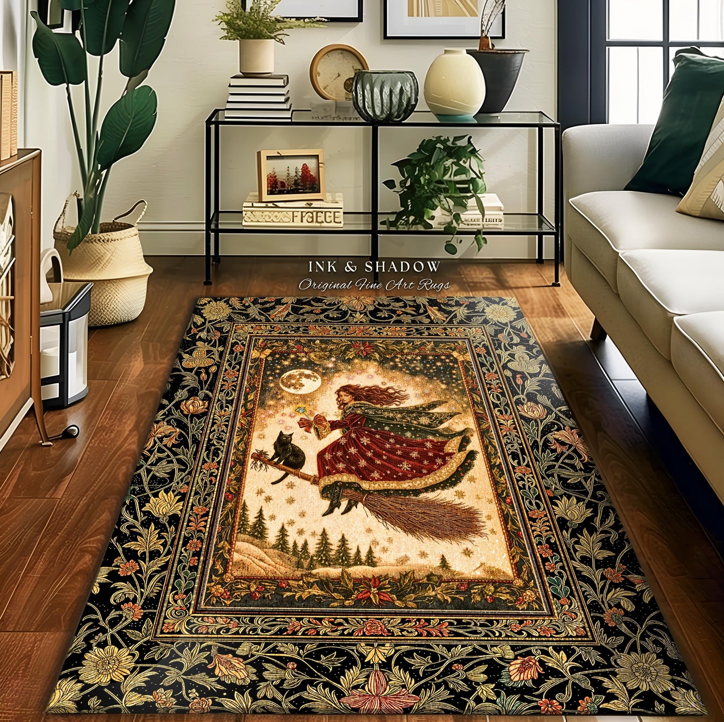 Whimsical Witchy Broomstick Accent Rug | Fairytale Gothic Decor Mystic Black Cat Celestial Moon Bedroom Botanical Dark Academia Cottagecore