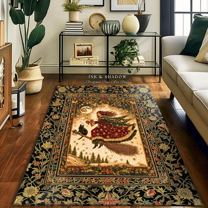 Whimsical Witchy Broomstick Accent Rug | Fairytale Gothic Decor Mystic Black Cat Celestial Moon Bedroom Botanical Dark Academia Cottagecore