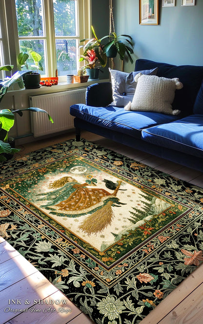 Holiday Witch Black Cat Area Rug | Nostalgic Halloween Enchanted Cottagecore Decor Mystic Aesthetic Winter Bedroom Accent Gothic Elegance |