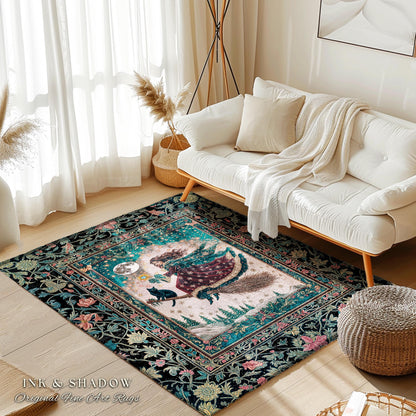 Snow Witch Celestial Accent Rug | Magical Black Cat Gothic Decor Broomstick Whimsigoth Magic Cottagecore Aesthetic Bedroom Area Rug Mystic |